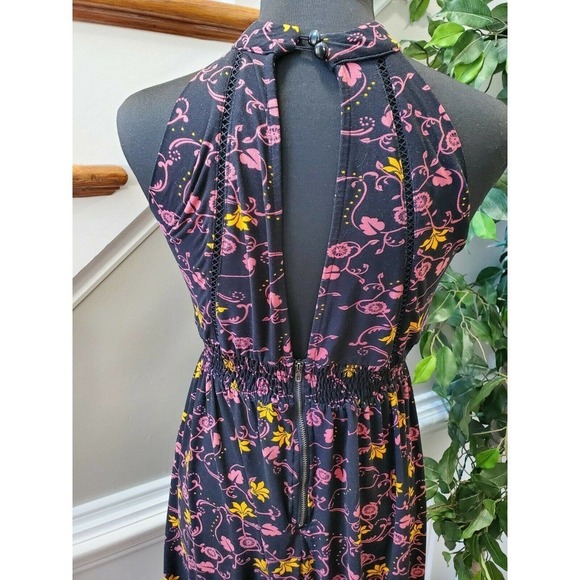 Black Floral Women's Cotton Halter Neck Pleated Sleeveless Long Maxi Dress S - Picture 8 of 15
